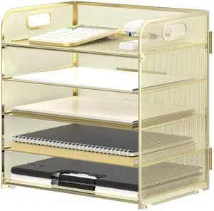 5 Trays Paper Organizer Letter Tray with Handle-Mesh Desk File Organizer, Paper Sorter Desk Organizer for Office, Home or School (Golden) 5 Trays Paper Organizer Letter Tray with Handle-Mesh Desk File Organizer, Paper Sorter Desk Organizer for Office, Home or School (Golden)