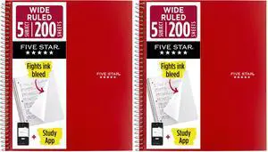 Spiral Notebook + Study App, 5 Subject, Wide Ruled Paper, Fights Ink Bleed, Water Resistant Cover, 8" x 10-1/2", 200 Sheets, Fire Red (72041) (Pack of 2) Spiral Notebook + Study App, 5 Subject, Wide Ruled Paper, Fights Ink Bleed, Water Resistant Cover, 8" x 10-1/2", 200 Sheets, Fire Red (72041) (Pack of 2)
