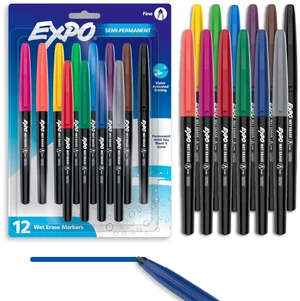 Wet Erase Markers, Semi-Permanent, Assorted Colors, Fine Tip, 12 Count - For Writing on Glass, Whiteboards, Mirrors, Calendar, Labeling, Organizing Wet Erase Markers, Semi-Permanent, Assorted Colors, Fine Tip, 12 Count - For Writing on Glass, Whiteboards, Mirrors, Calendar, Labeling, Organizing