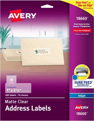 Clear Address Labels 1 x 2-5/8 inch | Matte Finish | Sure Feed Technology | For Inkjet Printers | 300 Labels, Pack of 5 Clear Address Labels 1 x 2-5/8 inch | Matte Finish | Sure Feed Technology | For Inkjet Printers | 300 Labels, Pack of 5