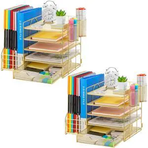 Desk Organizer with File Holder, 5-Tier Paper Letter Tray Organizer with Drawer and 2 Pen Holder, Mesh Desktop Organizer and Storage with Magazine Holder for Office Supplies (Gold 2p) Desk Organizer with File Holder, 5-Tier Paper Letter Tray Organizer with Drawer and 2 Pen Holder, Mesh Desktop Organizer and Storage with Magazine Holder for Office Supplies (Gold 2p)