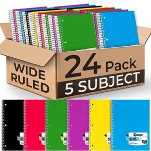 24 Pack, 5 Subject Notebook Wide Ruled, 150 Sheets (300 Pages) Sturdy Spiral Journal Notebook, Wide Ruled, 8 x 10-1/2, School & Office Bulk Spiral Notebooks, 300 Pages, Assorted Colors 24 Pack, 5 Subject Notebook Wide Ruled, 150 Sheets (300 Pages) Sturdy Spiral Journal Notebook, Wide Ruled, 8 x 10-1/2, School & Office Bulk Spiral Notebooks, 300 Pages, Assorted Colors