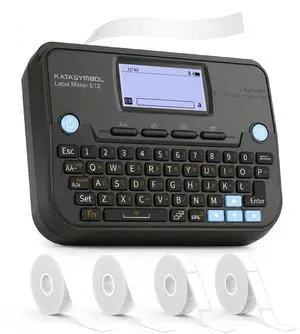 E12 Keyboard & Bluetooth Label Maker Machine with 4 Tapes Rechargeable, Backlit Display, App with 30+ Fonts & 660+ Icons, Minimal Margin, Inkless, for School, Office, Home E12 Keyboard & Bluetooth Label Maker Machine with 4 Tapes Rechargeable, Backlit Display, App with 30+ Fonts & 660+ Icons, Minimal Margin, Inkless, for School, Office, Home