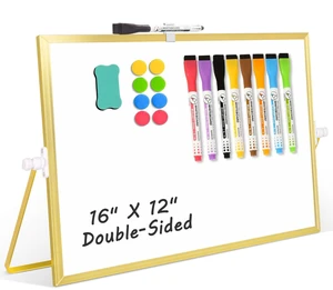 Double-Sided Magnetic White Board with Stand, 16" x 12" (Gold) Dry Erase Board with Stand, Desktop Whiteboard Easel, Portable Small White board dry erase for Drawing, Office, Home Double-Sided Magnetic White Board with Stand, 16" x 12" (Gold) Dry Erase Board with Stand, Desktop Whiteboard Easel, Portable Small White board dry erase for Drawing, Office, Home