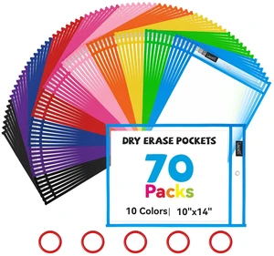 70 Pack Dry Erase Pockets, 10x14 Reusable Sleeves, 10 Colors 70 reusable PVC pockets hold 8.5 x 11 and 9 x 12 sheets; double sided wipe clean surfaces, pen loops, eyelets, and 5 rings 70 Pack Dry Erase Pockets, 10x14 Reusable Sleeves, 10 Colors 70 reusable PVC pockets hold 8.5 x 11 and 9 x 12 sheets; double sided wipe clean surfaces, pen loops, eyelets, and 5 rings