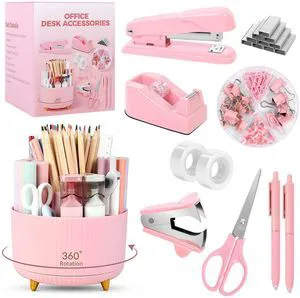 Pink Office Supplies Set, Pencil Holder for Desk,Gel Pen, Stapler, Tape Dispenser, Scissors,Clips and 1000pcs Staples, Office Decor for Women, Pink Desk Accessories Pink Office Supplies Set, Pencil Holder for Desk,Gel Pen, Stapler, Tape Dispenser, Scissors,Clips and 1000pcs Staples, Office Decor for Women, Pink Desk Accessories