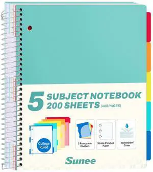 5 Subject Notebook College Ruled - 400 Pages, 9"x11", 5 Pocket Colored Dividers, 3-Hole Punched Paper, Teal 5 Subject Notebook College Ruled - 400 Pages, 9"x11", 5 Pocket Colored Dividers, 3-Hole Punched Paper, Teal