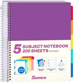 5 Subject Notebook College Ruled - 400 Pages, 9"x11", 5 Pocket Colored Dividers, 3-Hole Punched Paper, Dark Purple 5 Subject Notebook College Ruled - 400 Pages, 9"x11", 5 Pocket Colored Dividers, 3-Hole Punched Paper, Dark Purple
