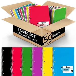 1 Subject Spiral Notebook Bulk, 50 Pack, College Ruled, 70 Sheets 1 Subject Notebook Bulk, Thick Paper, 140 Pages, 8 x 10-1/2", 3 Hole Punched, Bulk College Ruled Notebook for School & Office 1 Subject Spiral Notebook Bulk, 50 Pack, College Ruled, 70 Sheets 1 Subject Notebook Bulk, Thick Paper, 140 Pages, 8 x 10-1/2", 3 Hole Punched, Bulk College Ruled Notebook for School & Office