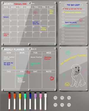 4 Pack Acrylic Magnetic Calendar for Refrigerator Set, Clear Monthly Weekly Daily Dry Erase Whiteboard for Fridge with 8 Color Markers, Meal Planner, Menu Board, Home Decor 4 Pack Acrylic Magnetic Calendar for Refrigerator Set, Clear Monthly Weekly Daily Dry Erase Whiteboard for Fridge with 8 Color Markers, Meal Planner, Menu Board, Home Decor