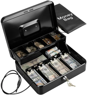 Metal Cash Box with Key Lock, Anti-Theft Cable & Waterproof Pouch Heavy Duty 0.7mm Steel, Windproof Bill Clips, Hidden Compartment, for Flea Market Vendors & Small Business, 11.8", Black Metal Cash Box with Key Lock, Anti-Theft Cable & Waterproof Pouch Heavy Duty 0.7mm Steel, Windproof Bill Clips, Hidden Compartment, for Flea Market Vendors & Small Business, 11.8", Black