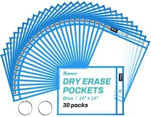 30 Packs Oversized Reusable Dry Erase Pocket Sleeves with 2 Rings, Blue 10x14 Ticket Holders, Clear Plastic Sheet Protectors, Teacher School Classroom Supplies 30 Packs Oversized Reusable Dry Erase Pocket Sleeves with 2 Rings, Blue 10x14 Ticket Holders, Clear Plastic Sheet Protectors, Teacher School Classroom Supplies