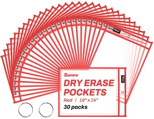 30 Packs Oversized Reusable Dry Erase Pocket Sleeves with 2 Rings, Red 10x14 Ticket Holders, Clear Plastic Sheet Protectors, Teacher School Classroom Supplies 30 Packs Oversized Reusable Dry Erase Pocket Sleeves with 2 Rings, Red 10x14 Ticket Holders, Clear Plastic Sheet Protectors, Teacher School Classroom Supplies
