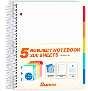 5 Subject Notebook College Ruled - 400 Pages, 9"x11", 5 Pocket Colored Dividers, 3-Hole Punched Paper, White 5 Subject Notebook College Ruled - 400 Pages, 9"x11", 5 Pocket Colored Dividers, 3-Hole Punched Paper, White