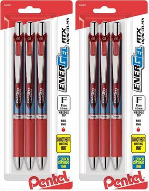 ® EnerGel® RTX Retractable Liquid Gel Pens, Fine Point, 0.5mm, 54% Recycled, Assorted Barrel Colors, Red Ink, Pack Of 6 Pans ® EnerGel® RTX Retractable Liquid Gel Pens, Fine Point, 0.5mm, 54% Recycled, Assorted Barrel Colors, Red Ink, Pack Of 6 Pans
