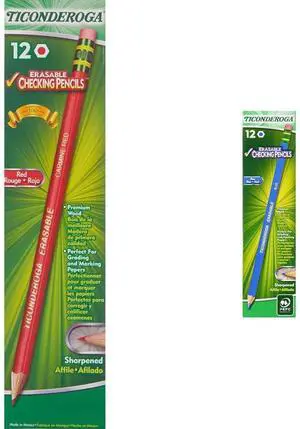 Erasable Checking Pencils with Eraser, Pre-sharpened, Red, 12-Pack (14259) & Erasable Checking Wood-Cased Pencils, Pre-Sharpened, Blue, 12 Count Erasable Checking Pencils with Eraser, Pre-sharpened, Red, 12-Pack (14259) & Erasable Checking Wood-Cased Pencils, Pre-Sharpened, Blue, 12 Count