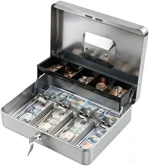 Locking Cash Box with Lock,Money Box with Cash Tray,Lock Safe Box with Key Money Saver,Money Saving Organizer,11.81Lx 9.45Wx 3.54H Inches,Lightgrey XL Large Locking Cash Box with Lock,Money Box with Cash Tray,Lock Safe Box with Key Money Saver,Money Saving Organizer,11.81Lx 9.45Wx 3.54H Inches,Lightgrey XL Large