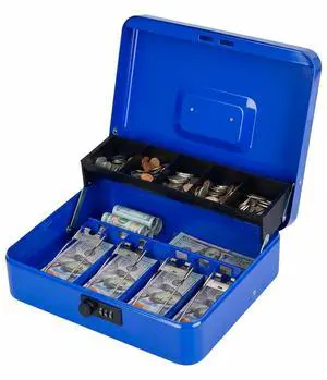 Metal Cash Box with Combination Lock & Spring-Loaded Bill Clips, 5-Compartment Cantilever Coin Tray, Portable Safe for Yard Sales/Craft Fairs/Small Businesses, 11.81x9.45x3.54, Blue Metal Cash Box with Combination Lock & Spring-Loaded Bill Clips, 5-Compartment Cantilever Coin Tray, Portable Safe for Yard Sales/Craft Fairs/Small Businesses, 11.81x9.45x3.54, Blue