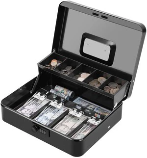 Metal Cash Box with Combination Lock & Spring-Loaded Bill Clips, 5-Compartment Cantilever Coin Tray, Portable Safe for Yard Sales/Craft Fairs/Small Businesses, 11.81x9.45x3.54, Black Metal Cash Box with Combination Lock & Spring-Loaded Bill Clips, 5-Compartment Cantilever Coin Tray, Portable Safe for Yard Sales/Craft Fairs/Small Businesses, 11.81x9.45x3.54, Black