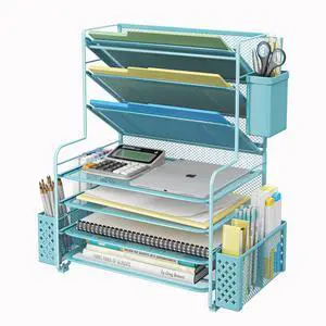 7 Tier Desk File Organizer, Letter Tray Paper Organizer with Pen Holder and Metal Hanging Basket, Blue 7 Tier Desk File Organizer, Letter Tray Paper Organizer with Pen Holder and Metal Hanging Basket, Blue