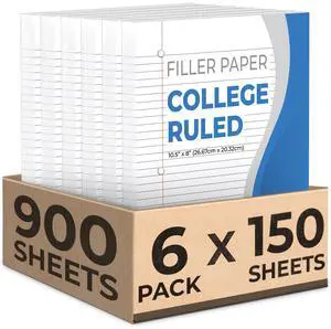 900 Sheets Loose Leaf Paper, 6 Pack, College Ruled Filler Paper Bulk Office Filler Paper, 8" x 10.5", 3 Hole Punched, 150 Sheets/Pack, College Ruled Notebook Paper for Binder, White 900 Sheets Loose Leaf Paper, 6 Pack, College Ruled Filler Paper Bulk Office Filler Paper, 8" x 10.5", 3 Hole Punched, 150 Sheets/Pack, College Ruled Notebook Paper for Binder, White