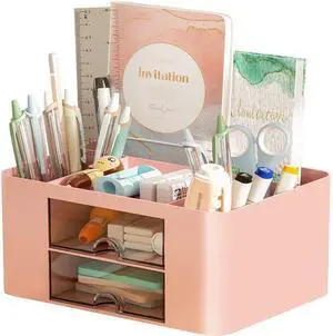 Pen Organizer with 2 Drawer, Multi-Functional Pencil Holder for Desk, Desk Organizers and Accessories with 5 Compartments + Drawer for Office Art Supplies (Pink) Pen Organizer with 2 Drawer, Multi-Functional Pencil Holder for Desk, Desk Organizers and Accessories with 5 Compartments + Drawer for Office Art Supplies (Pink)