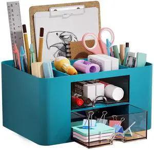 Pen Organizer with 2 Drawer, Multi-Functional Pencil Holder for Desk, Desk Organizers and Accessories with 5 Compartments + Drawer for Office Art Supplies (Dark Green) Pen Organizer with 2 Drawer, Multi-Functional Pencil Holder for Desk, Desk Organizers and Accessories with 5 Compartments + Drawer for Office Art Supplies (Dark Green)