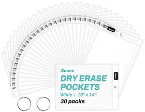30 Packs Oversized Reusable Dry Erase Pocket Sleeves with 2 Rings, White 10x14 Ticket Holders, Clear Plastic Sheet Protectors, Teacher School Classroom Supplies 30 Packs Oversized Reusable Dry Erase Pocket Sleeves with 2 Rings, White 10x14 Ticket Holders, Clear Plastic Sheet Protectors, Teacher School Classroom Supplies