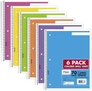 Spiral Notebook, 1 Subject, Wide Ruled Paper, 8" x 10-1/2", 70 Sheets, Selected Colors Will Vary, 6 Pack (930267) Spiral Notebook, 1 Subject, Wide Ruled Paper, 8" x 10-1/2", 70 Sheets, Selected Colors Will Vary, 6 Pack (930267)