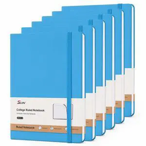 6 Pack A5 Hardcover Lined Journal Notebooks, 200 Pages, Light Blue Each notebook has a soft-touch faux leather cover, lay-flat design, elastic closure, ribbon bookmark and inner pocket 6 Pack A5 Hardcover Lined Journal Notebooks, 200 Pages, Light Blue Each notebook has a soft-touch faux leather cover, lay-flat design, elastic closure, ribbon bookmark and inner pocket