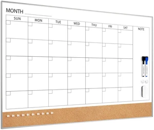 Dry Erase Calendar with Cork Board for Wall 36"x 24" Magnetic Calendar Whiteboard with Silver Frame, Monthly Combination Board for School, Home, Office Dry Erase Calendar with Cork Board for Wall 36"x 24" Magnetic Calendar Whiteboard with Silver Frame, Monthly Combination Board for School, Home, Office