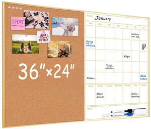 Dry Erase Calendar with Cork Board 36"x24" Magnetic White Board Calendar Dry Erase for Wall, Gold Frame Combination Board for Office, Home, School Dry Erase Calendar with Cork Board 36"x24" Magnetic White Board Calendar Dry Erase for Wall, Gold Frame Combination Board for Office, Home, School