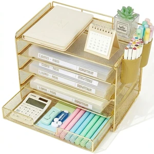 Desk Organizers and Accessories, 5-Tier Paper Letter Tray Organizer with Drawer & 2 Pen Holders, Desktop Organizer for Office Supplies (Gold) Desk Organizers and Accessories, 5-Tier Paper Letter Tray Organizer with Drawer & 2 Pen Holders, Desktop Organizer for Office Supplies (Gold)
