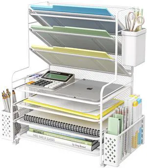 7 Tier Desk File Organizer, Letter Tray Paper Organizer with Pen Holder and Metal Hanging Basket, White 7 Tier Desk File Organizer, Letter Tray Paper Organizer with Pen Holder and Metal Hanging Basket, White