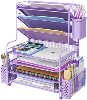 7 Tier Desk File Organizer, Letter Tray Paper Organizer with Pen Holder and Metal Hanging Basket, Purple 7 Tier Desk File Organizer, Letter Tray Paper Organizer with Pen Holder and Metal Hanging Basket, Purple