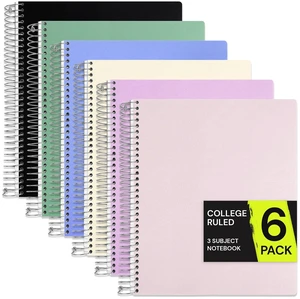 3 Subject Spiral Notebook College Ruled 6 Pack, 300 Pages, Assorted 150 Sheets, 9 x 11 in, 6 Pack Waterproof Plastic Cover, Durable, School Notebooks, Homework, Test Prep 3 Subject Spiral Notebook College Ruled 6 Pack, 300 Pages, Assorted 150 Sheets, 9 x 11 in, 6 Pack Waterproof Plastic Cover, Durable, School Notebooks, Homework, Test Prep
