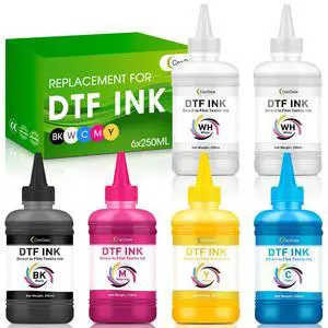 Premium DTF Ink 1500ML - DTF Transfer Ink for PET Film, Refill DTF Ink for Epson ET-8550, L1800, L800, R2400, P400, P800, XP15000, Heat Transfer Printing Direct to Film (250ml x 6, CMYK Wh) Premium DTF Ink 1500ML - DTF Transfer Ink for PET Film, Refill DTF Ink for Epson ET-8550, L1800, L800, R2400, P400, P800, XP15000, Heat Transfer Printing Direct to Film (250ml x 6, CMYK Wh)