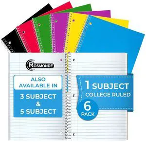6 Pack 1 Subject Notebook College Ruled, 70 Sheets (140 Pages) Thick No-Bleed Paper, 8 x 10-1/2", 3 Hole Punched Notebooks, Sturdy Back, College Ruled Notebook for School, Assorted Colors 6 Pack 1 Subject Notebook College Ruled, 70 Sheets (140 Pages) Thick No-Bleed Paper, 8 x 10-1/2", 3 Hole Punched Notebooks, Sturdy Back, College Ruled Notebook for School, Assorted Colors