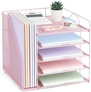Desk Organizers and Accessories, 5-Tier Paper Letter Tray Organizer with File Holder, Desktop Organizer for Office Supplies (Pink) Desk Organizers and Accessories, 5-Tier Paper Letter Tray Organizer with File Holder, Desktop Organizer for Office Supplies (Pink)