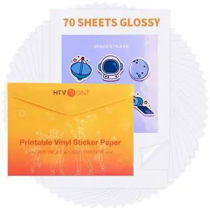 Printable Vinyl Sticker Paper, 8.5"X11", 70 Sheets, Glossy White For Inkjet Printer, Dries Quickly, Great Stickiness, Easy to Use & Peeling Off, Anti-Curl & Jam-Free Design, Vivid Prints Printable Vinyl Sticker Paper, 8.5"X11", 70 Sheets, Glossy White For Inkjet Printer, Dries Quickly, Great Stickiness, Easy to Use & Peeling Off, Anti-Curl & Jam-Free Design, Vivid Prints