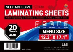 4mil Self-Adhesive Laminating Sheets 20 Pack, Menu Size, 12.3x17.1 Inches, No Machine Needed 4mil Self-Adhesive Laminating Sheets 20 Pack, Menu Size, 12.3x17.1 Inches, No Machine Needed