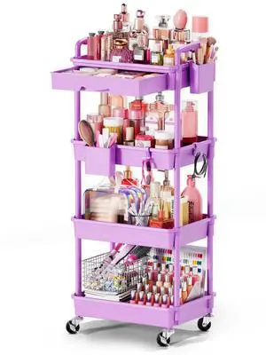 Rolling Makeup Organizer Cart with Removable Drawer, 4 Tier Purple Stable Floor Skincare Storage Cart for Vanity, Cosmetic Display, Nail Polish, Perfume, Hair Stuff, Beauty, Bathroom(Plastic) Rolling Makeup Organizer Cart with Removable Drawer, 4 Tier Purple Stable Floor Skincare Storage Cart for Vanity, Cosmetic Display, Nail Polish, Perfume, Hair Stuff, Beauty, Bathroom(Plastic)