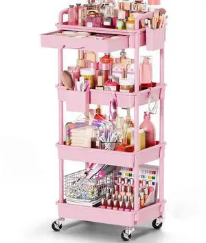 Rolling Makeup Organizer Cart with Removable Drawer, 4 Tier Pink Stable Floor Skincare Storage Cart for Vanity, Cosmetic Display, Nail Polish, Perfume, Hair Stuff, Beauty, Bathroom(Plastic) Rolling Makeup Organizer Cart with Removable Drawer, 4 Tier Pink Stable Floor Skincare Storage Cart for Vanity, Cosmetic Display, Nail Polish, Perfume, Hair Stuff, Beauty, Bathroom(Plastic)