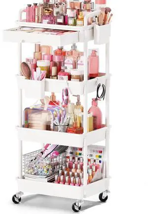Rolling Makeup Organizer Cart with Removable Drawer, 4 Tier White Stable Floor Skincare Storage Cart for Vanity, Cosmetic Display, Nail Polish, Perfume, Hair Stuff, Beauty, Bathroom(Plastic) Rolling Makeup Organizer Cart with Removable Drawer, 4 Tier White Stable Floor Skincare Storage Cart for Vanity, Cosmetic Display, Nail Polish, Perfume, Hair Stuff, Beauty, Bathroom(Plastic)