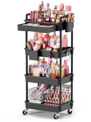 Rolling Makeup Organizer Cart with Removable Drawer, 4 Tier Black Stable Floor Skincare Storage Cart for Vanity, Cosmetic Display, Nail Polish, Perfume, Hair Stuff, Beauty, Bathroom(Plastic) Rolling Makeup Organizer Cart with Removable Drawer, 4 Tier Black Stable Floor Skincare Storage Cart for Vanity, Cosmetic Display, Nail Polish, Perfume, Hair Stuff, Beauty, Bathroom(Plastic)