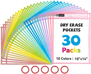 30 Pack Pastel Dry Erase Pockets, 10x14 Reusable Sleeves 30 reusable PVC pockets hold 8.5 x 11 and 9 x 12 sheets; double sided wipe clean surfaces, pen loops, eyelets, and 5 rings 30 Pack Pastel Dry Erase Pockets, 10x14 Reusable Sleeves 30 reusable PVC pockets hold 8.5 x 11 and 9 x 12 sheets; double sided wipe clean surfaces, pen loops, eyelets, and 5 rings
