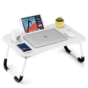 Foldable Laptop Table, Portable Lap Desk Bed Table Tray, Laptop Stand with Cup Holder & Tablet Slot & Lifting Handle for Working Writing Drawing & Eating (White) Foldable Laptop Table, Portable Lap Desk Bed Table Tray, Laptop Stand with Cup Holder & Tablet Slot & Lifting Handle for Working Writing Drawing & Eating (White)