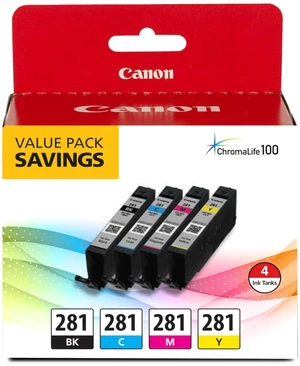 CLI-281 Black, Cyan, Magenta and Yellow 4 Ink Pack, Compatible to TR8520, TR8620 Series, TS9120, and TS6210 Printers CLI-281 Black, Cyan, Magenta and Yellow 4 Ink Pack, Compatible to TR8520, TR8620 Series, TS9120, and TS6210 Printers