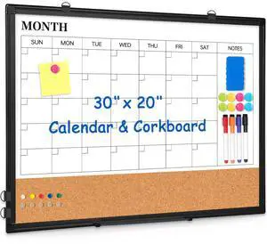 Calendar Whiteboard Dry Erase for Wall, 30" x 20" Month White Board Black Double-Sided Magnetic, Calendar Cork Whiteboard Combo, Aluminium Frame, Bulletin Portable Board, Home Office School Calendar Whiteboard Dry Erase for Wall, 30" x 20" Month White Board Black Double-Sided Magnetic, Calendar Cork Whiteboard Combo, Aluminium Frame, Bulletin Portable Board, Home Office School