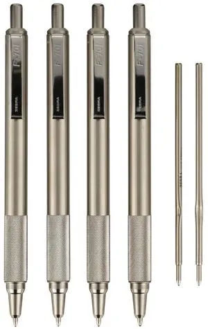 STEEL F-701 Retractable Ballpoint Pen, Black Ink, 0.8mm, 4-Pack Built for Tactical / EDC Use, Stainless Steel, Knurled Grip, Heavy-Duty Construction, Fine Point Tip, Plus Refills (50113) STEEL F-701 Retractable Ballpoint Pen, Black Ink, 0.8mm, 4-Pack Built for Tactical / EDC Use, Stainless Steel, Knurled Grip, Heavy-Duty Construction, Fine Point Tip, Plus Refills (50113)